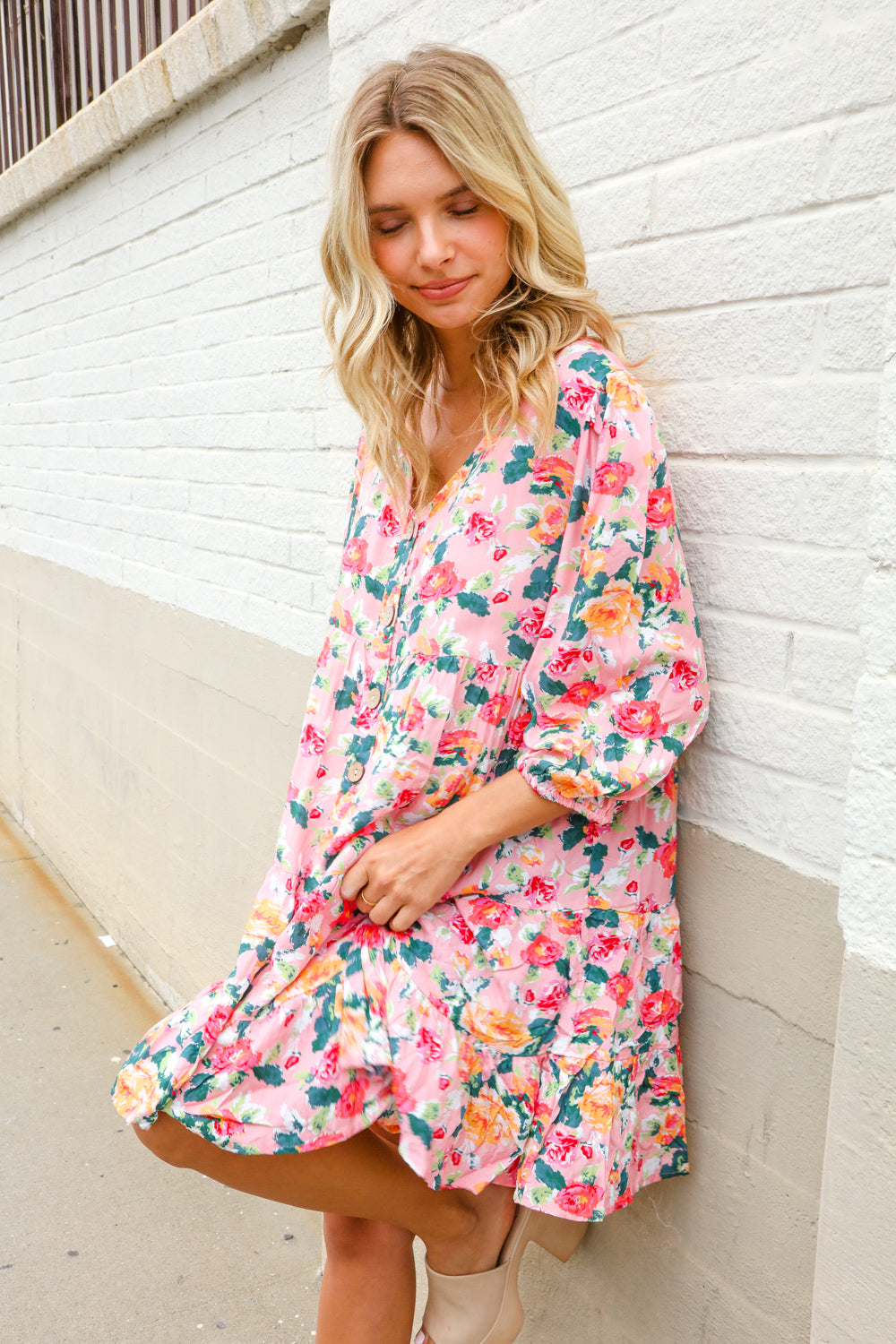Boho Vibes Cotton Floral Button Down 3/4 Sleeve Tiered Dress-Modish Lily, Tecumseh Michigan