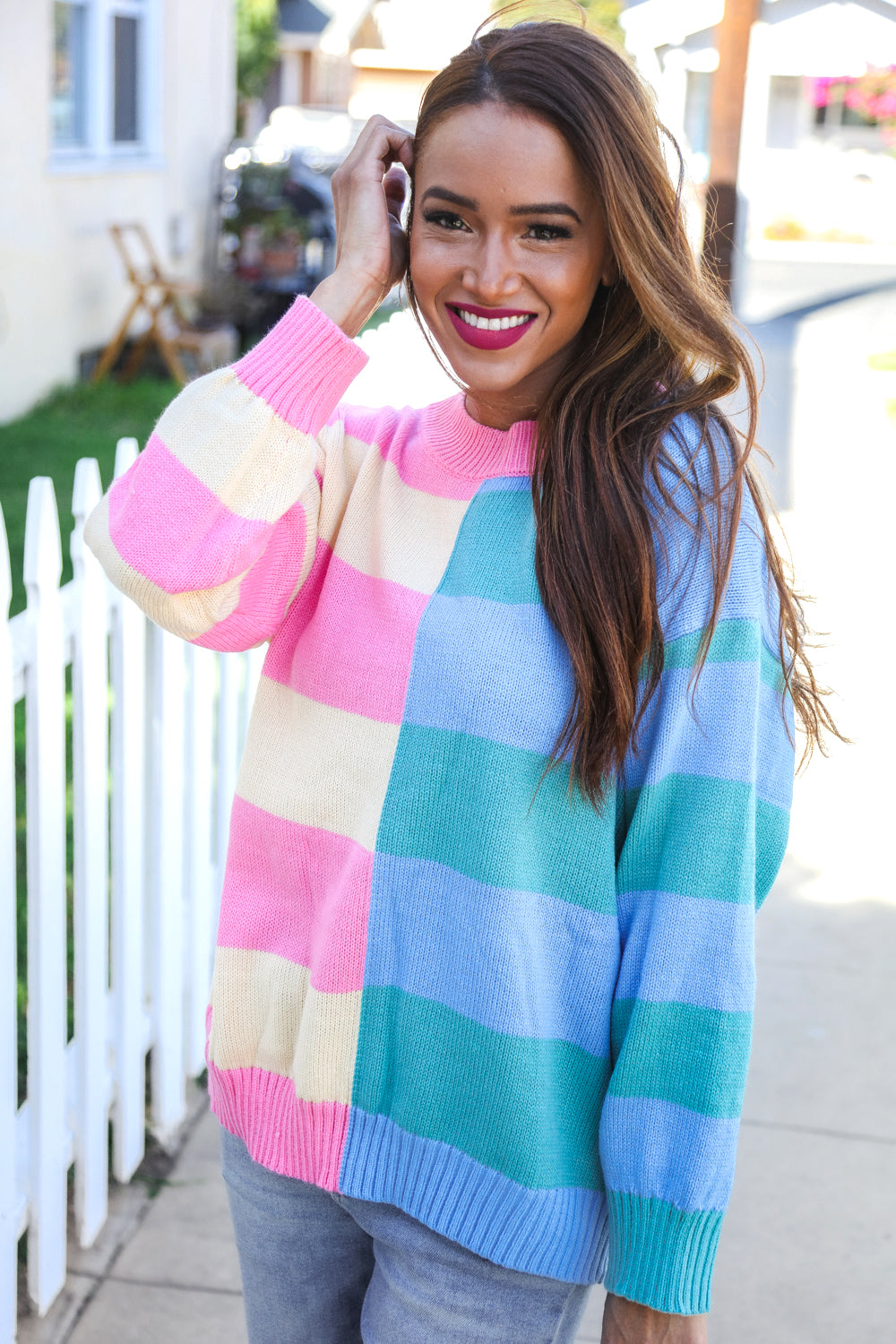 Catch Glances Blush & Blue Stripe Color Block Knit Sweater-Modish Lily, Tecumseh Michigan