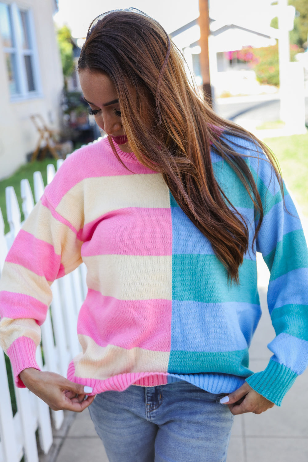 Catch Glances Blush & Blue Stripe Color Block Knit Sweater-Modish Lily, Tecumseh Michigan