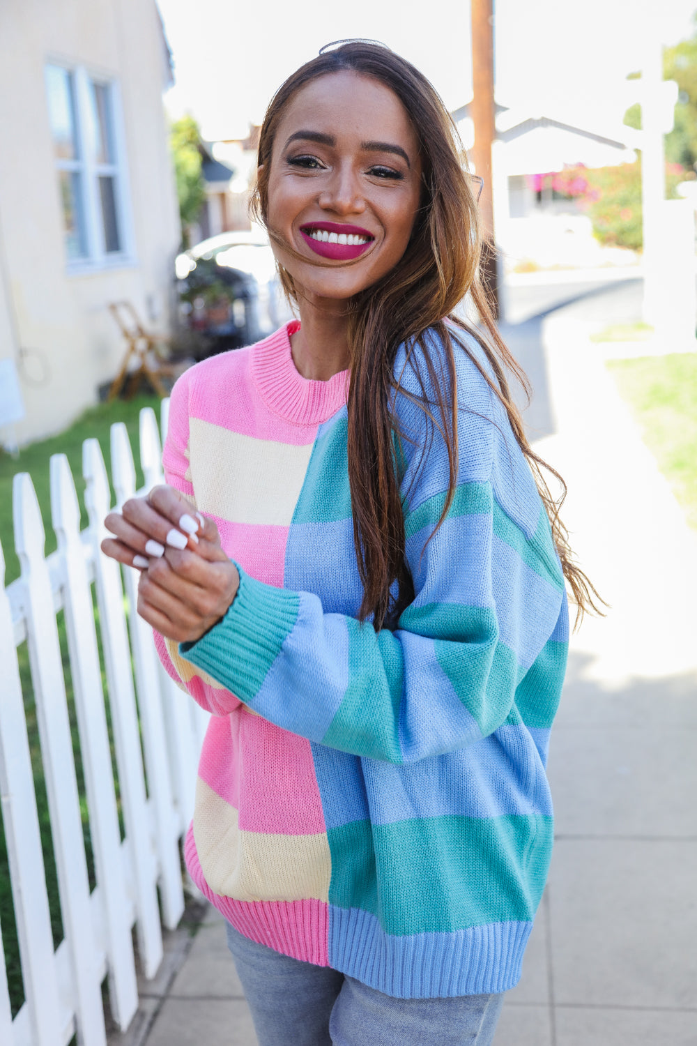 Catch Glances Blush & Blue Stripe Color Block Knit Sweater-Modish Lily, Tecumseh Michigan