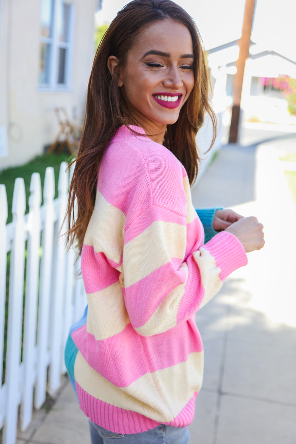 Catch Glances Blush & Blue Stripe Color Block Knit Sweater-Modish Lily, Tecumseh Michigan