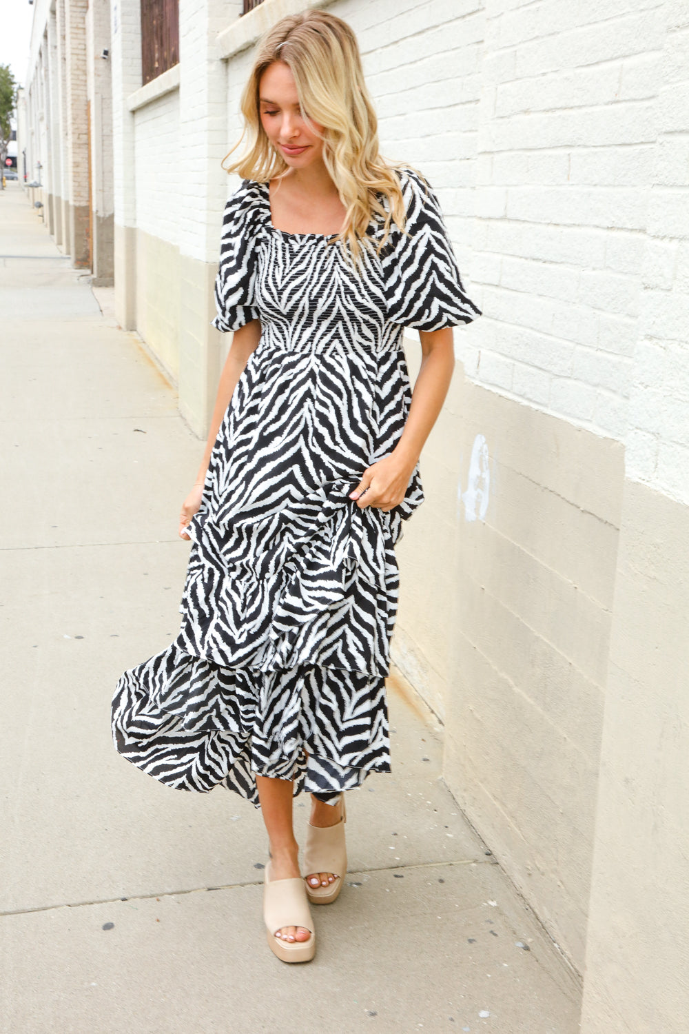 Look My Way Black/White Abstract Print Smocked Neck Maxi Dress-Modish Lily, Tecumseh Michigan