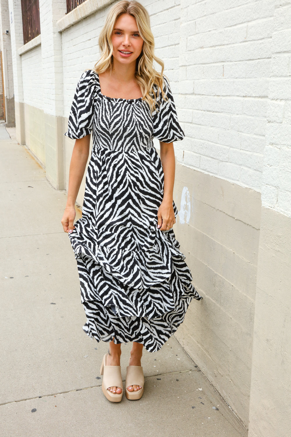 Look My Way Black/White Abstract Print Smocked Neck Maxi Dress-Modish Lily, Tecumseh Michigan