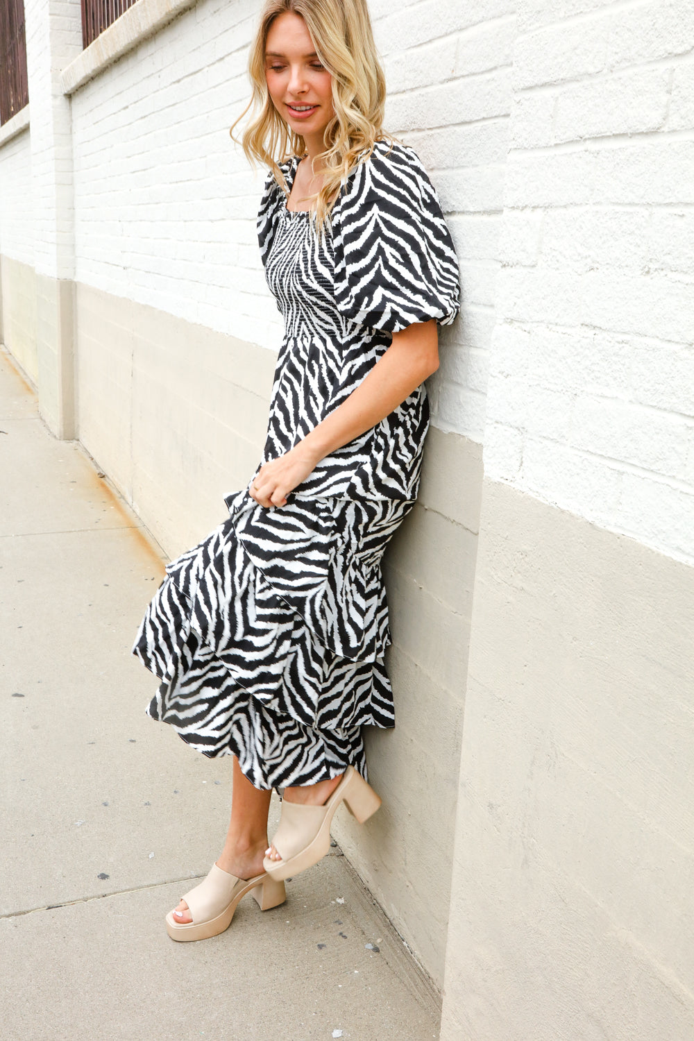 Look My Way Black/White Abstract Print Smocked Neck Maxi Dress-Modish Lily, Tecumseh Michigan