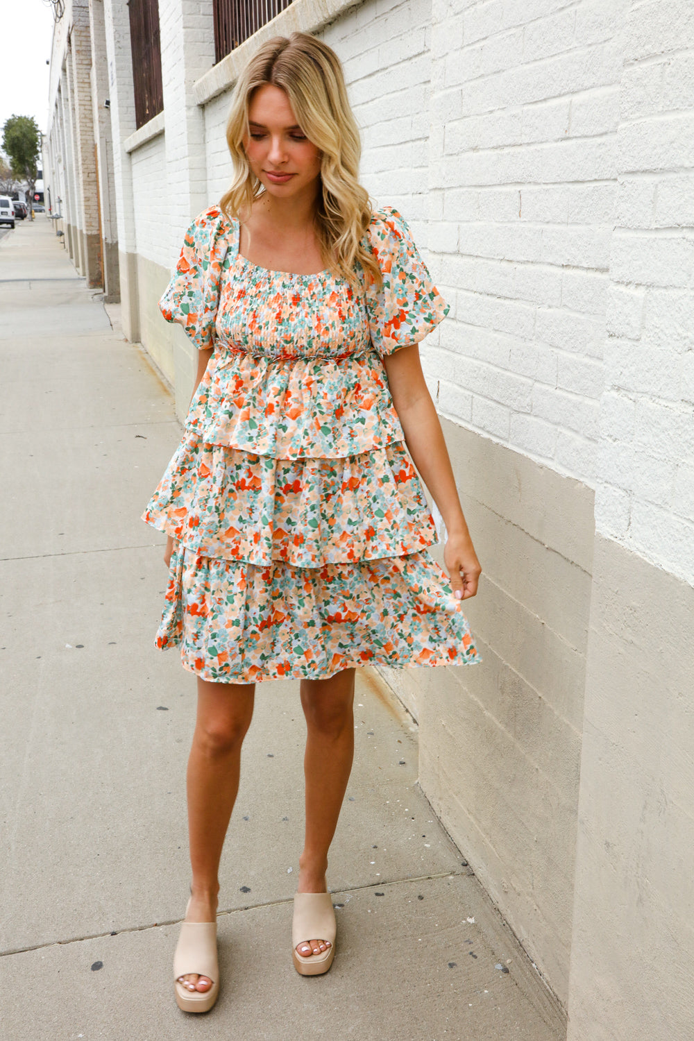 Find Love Floral Print Smocked Neck Puff Sleeve Ruffle Tiered Dress-Modish Lily, Tecumseh Michigan