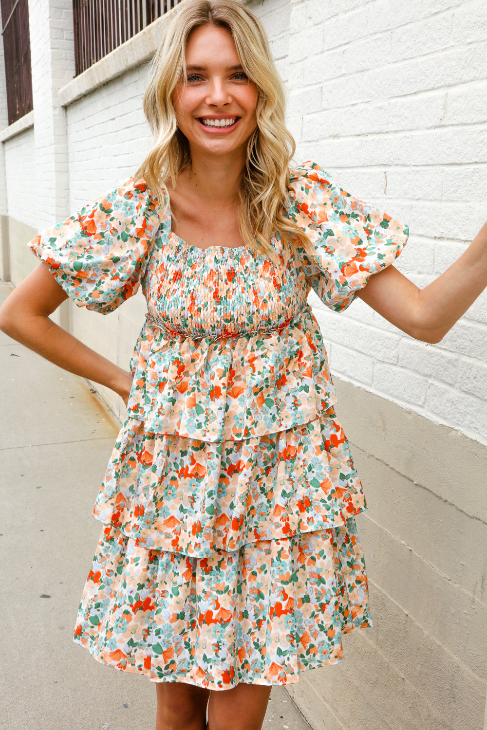 Find Love Floral Print Smocked Neck Puff Sleeve Ruffle Tiered Dress-Modish Lily, Tecumseh Michigan