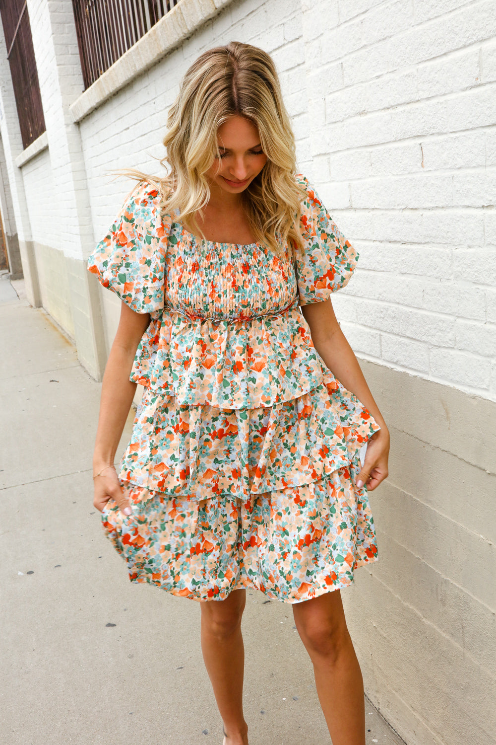 Find Love Floral Print Smocked Neck Puff Sleeve Ruffle Tiered Dress-Modish Lily, Tecumseh Michigan