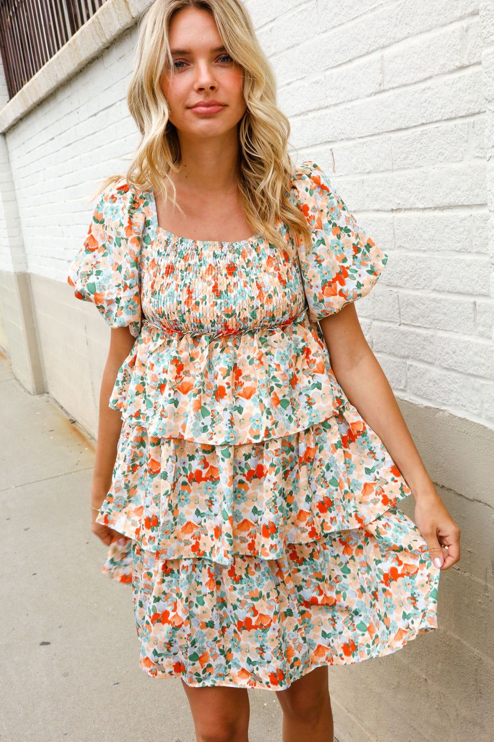 Find Love Floral Print Smocked Neck Puff Sleeve Ruffle Tiered Dress-Modish Lily, Tecumseh Michigan