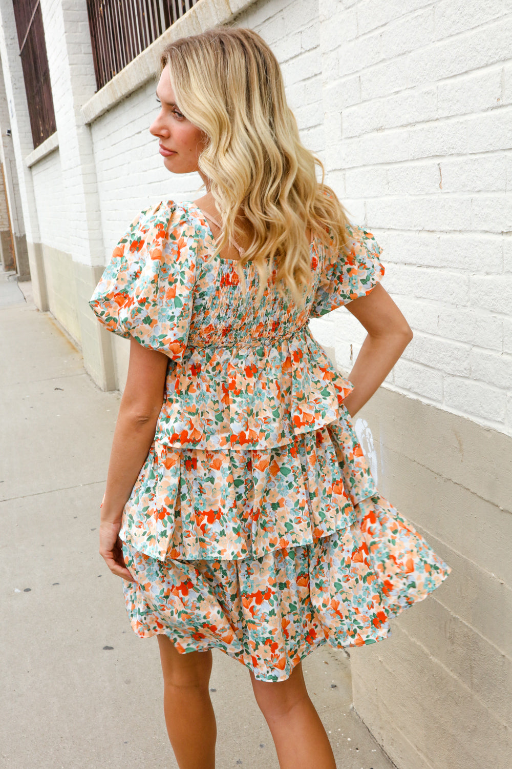 Find Love Floral Print Smocked Neck Puff Sleeve Ruffle Tiered Dress-Modish Lily, Tecumseh Michigan