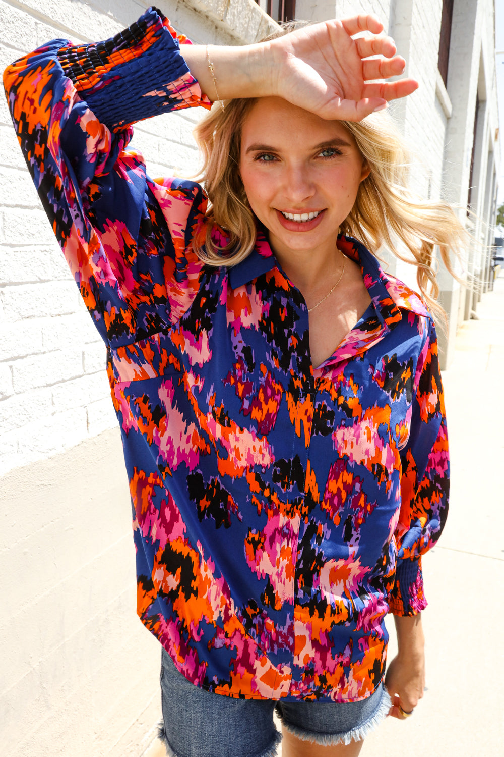 Dazzle in Cobalt Blue Abstract Print Button-Down Smocked Sleeve Blouse-Modish Lily, Tecumseh Michigan
