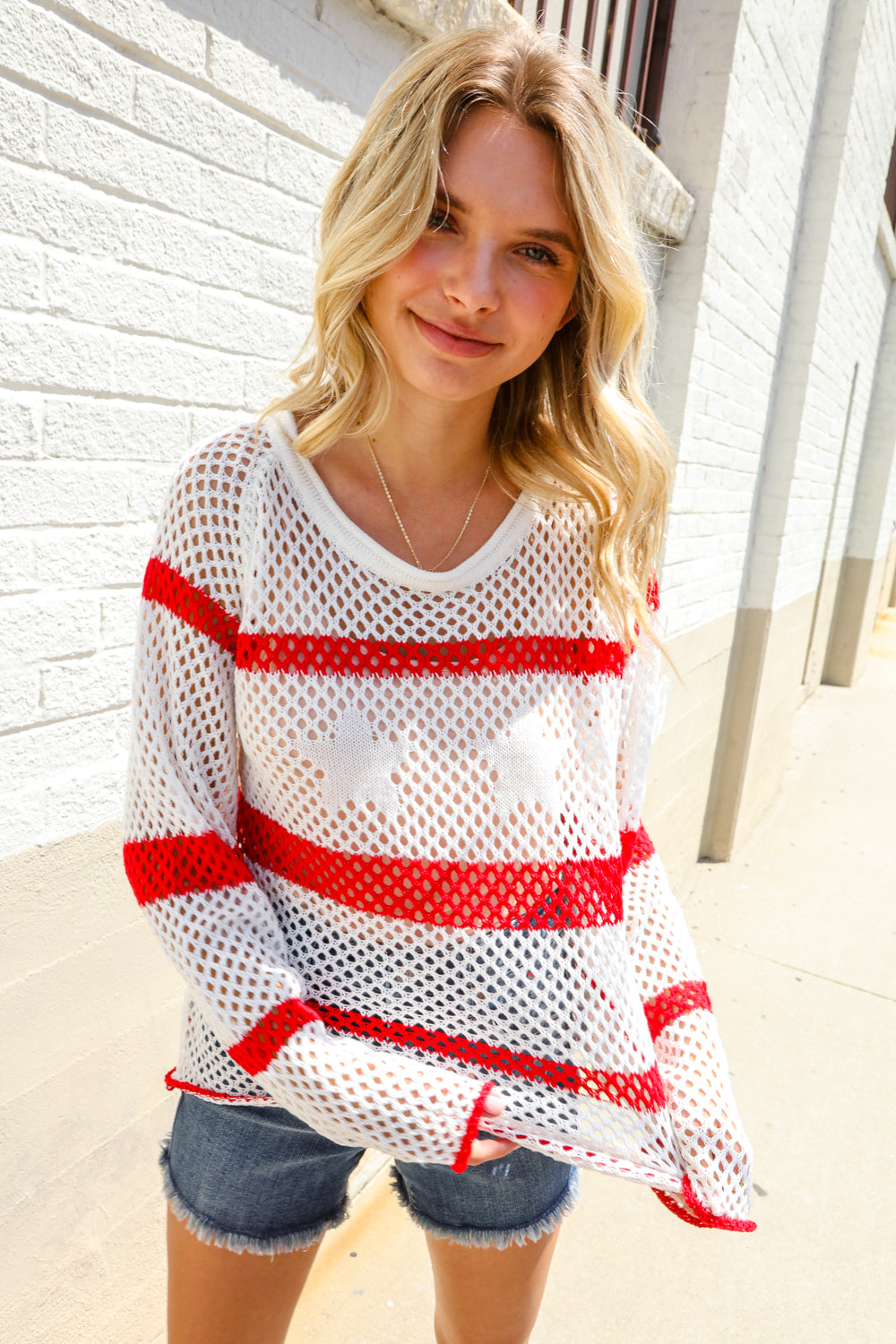 Feeling Patriotic Red Stripe Star Print Crochet Netted Pullover-Modish Lily, Tecumseh Michigan
