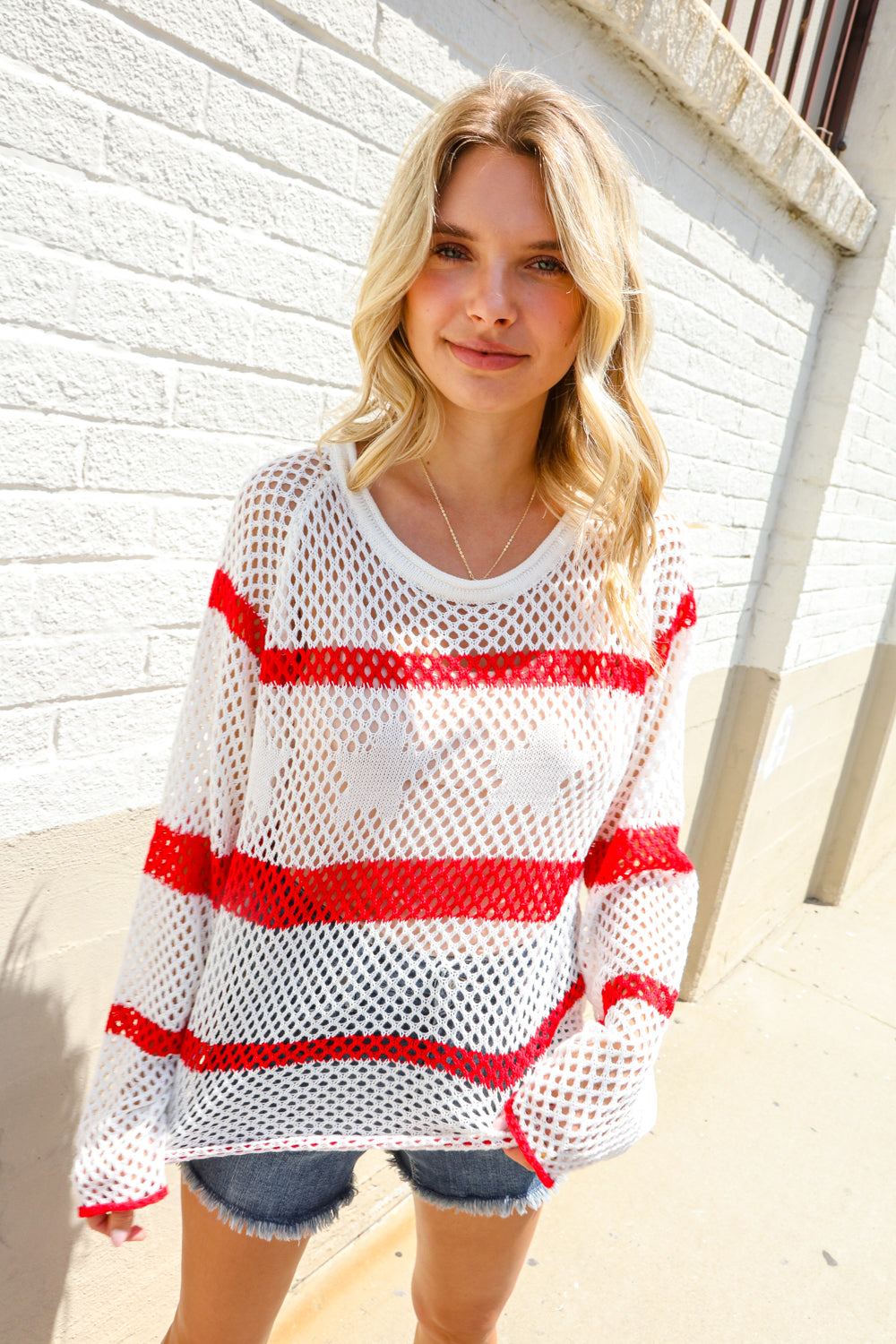 Feeling Patriotic Red Stripe Star Print Crochet Netted Pullover-Modish Lily, Tecumseh Michigan