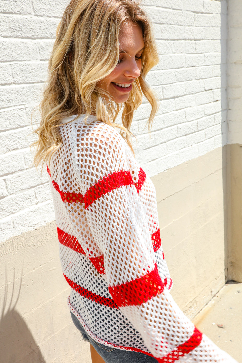 Feeling Patriotic Red Stripe Star Print Crochet Netted Pullover-Modish Lily, Tecumseh Michigan