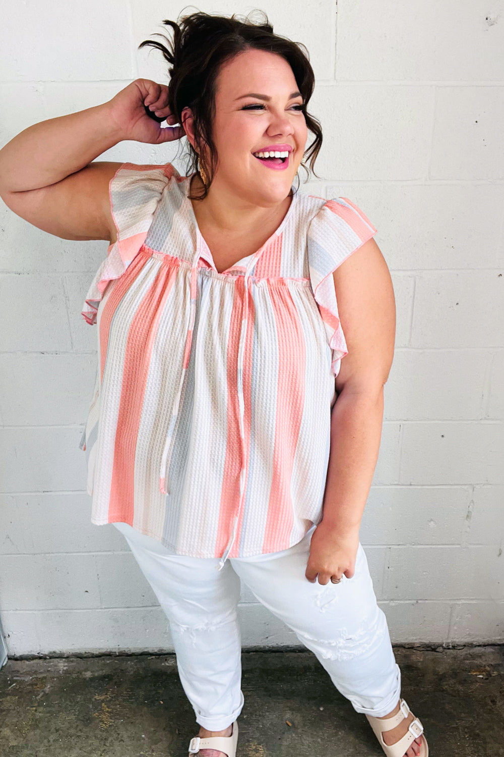 Coral & Light Blue Stripe Waffle Tie Neck Top-Modish Lily, Tecumseh Michigan