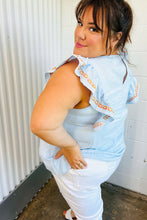 Load image into Gallery viewer, Chambray Embroidered Flutter Sleeve Top-Modish Lily, Tecumseh Michigan
