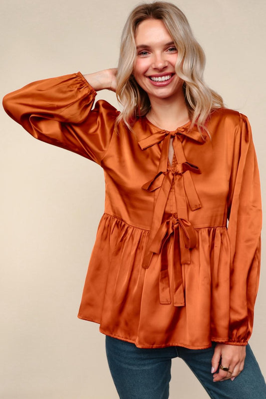 Tied Up in Style Rust Ribbon Blouse-Modish Lily, Tecumseh Michigan