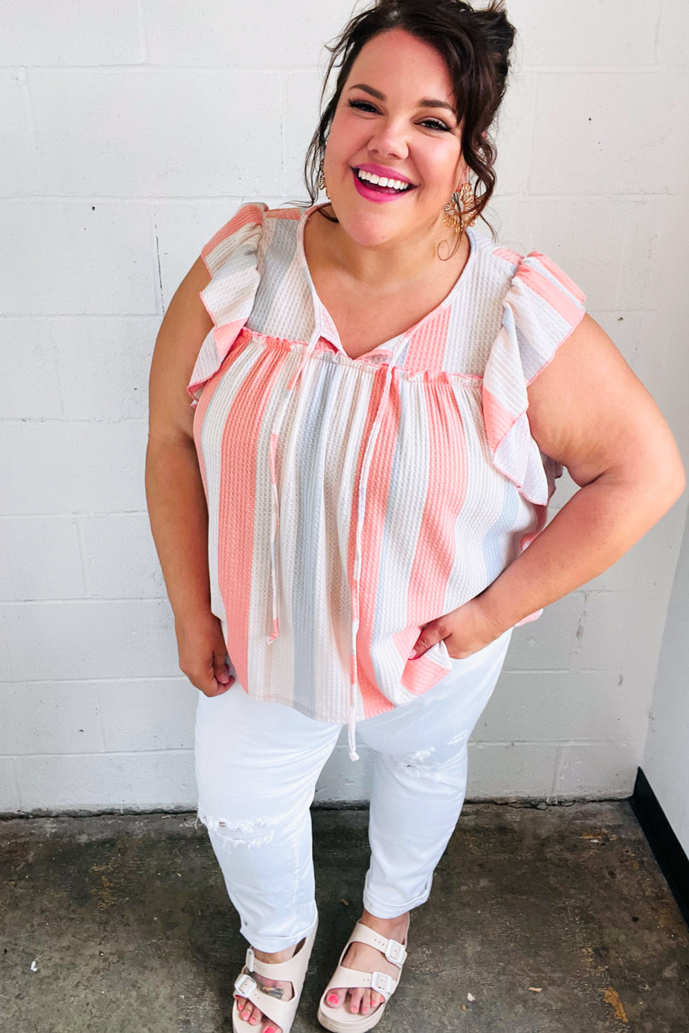 Coral & Light Blue Stripe Waffle Tie Neck Top-Modish Lily, Tecumseh Michigan