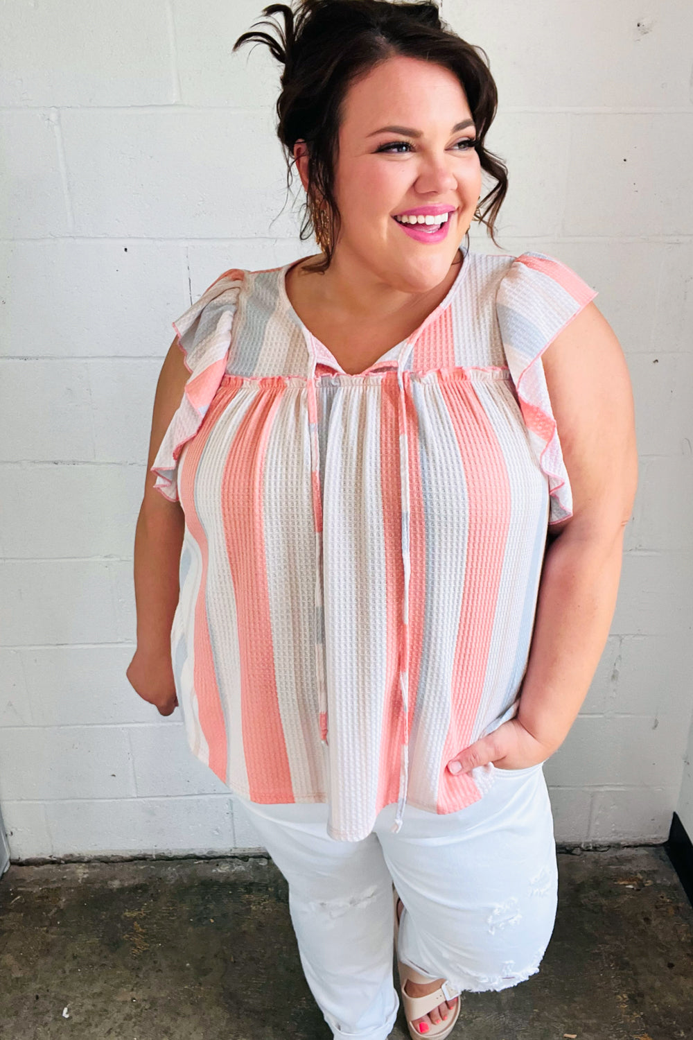 Coral & Light Blue Stripe Waffle Tie Neck Top-Modish Lily, Tecumseh Michigan