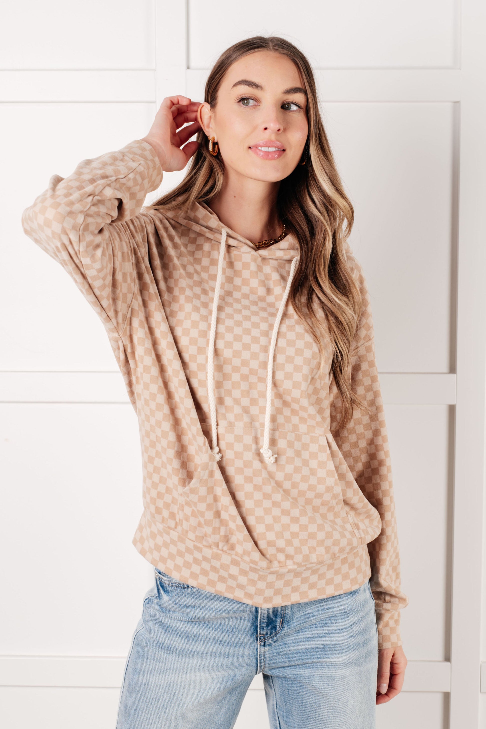 Ask Me Out Checkered Hoodie in Khaki-Tops-Modish Lily, Tecumseh Michigan