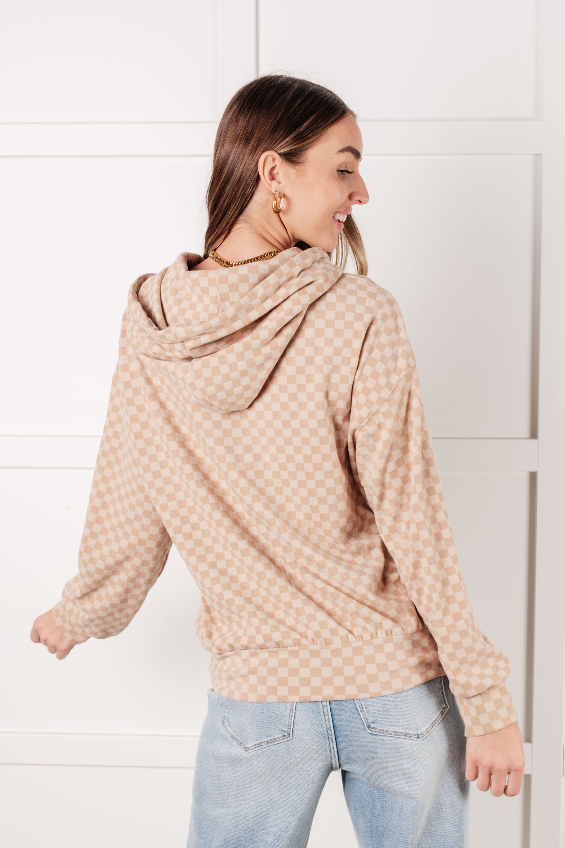 Ask Me Out Checkered Hoodie in Khaki-Tops-Modish Lily, Tecumseh Michigan