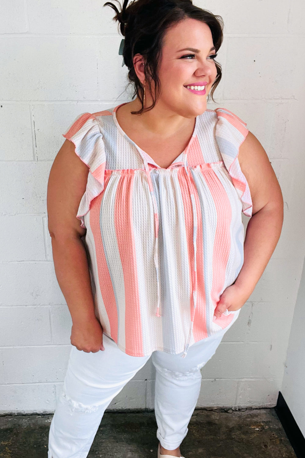 Coral & Light Blue Stripe Waffle Tie Neck Top-Modish Lily, Tecumseh Michigan