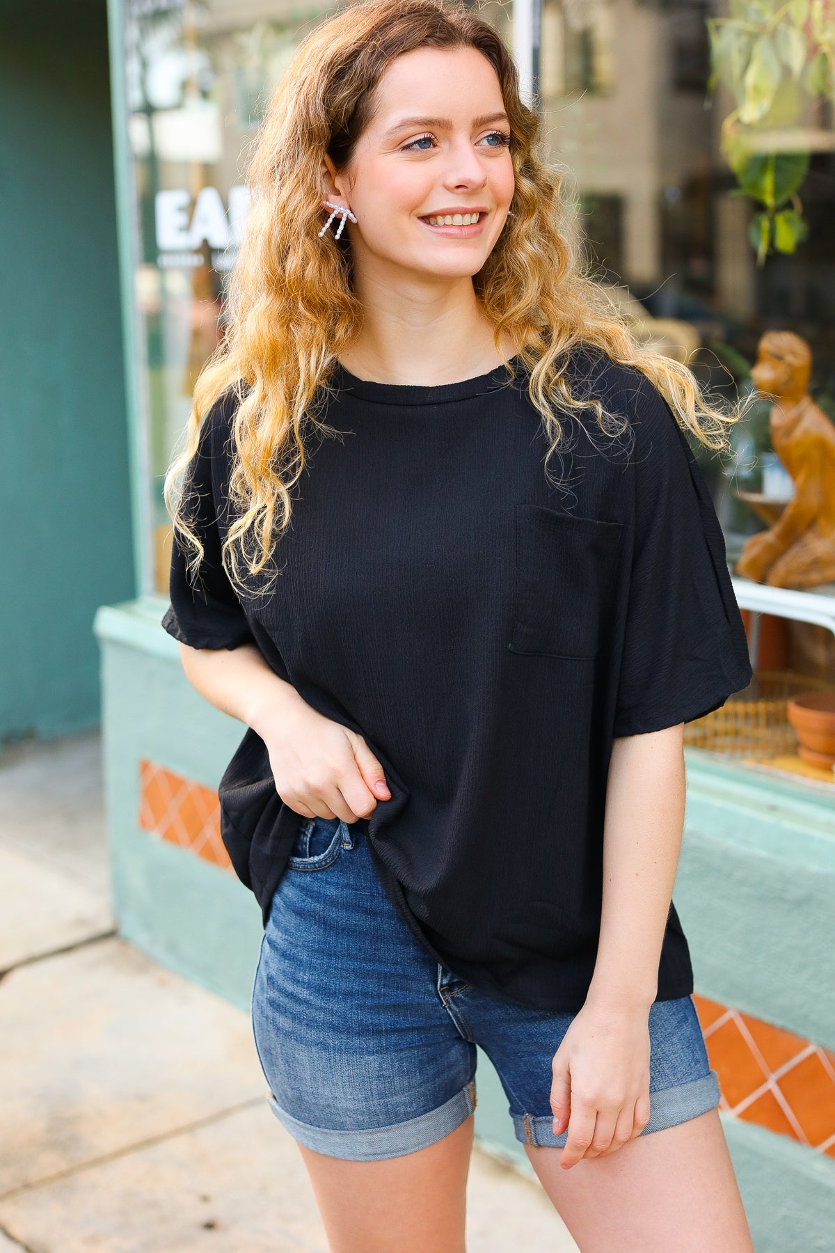 Be Bold Black Crinkle Texture Pocketed Dolman Top-Modish Lily, Tecumseh Michigan