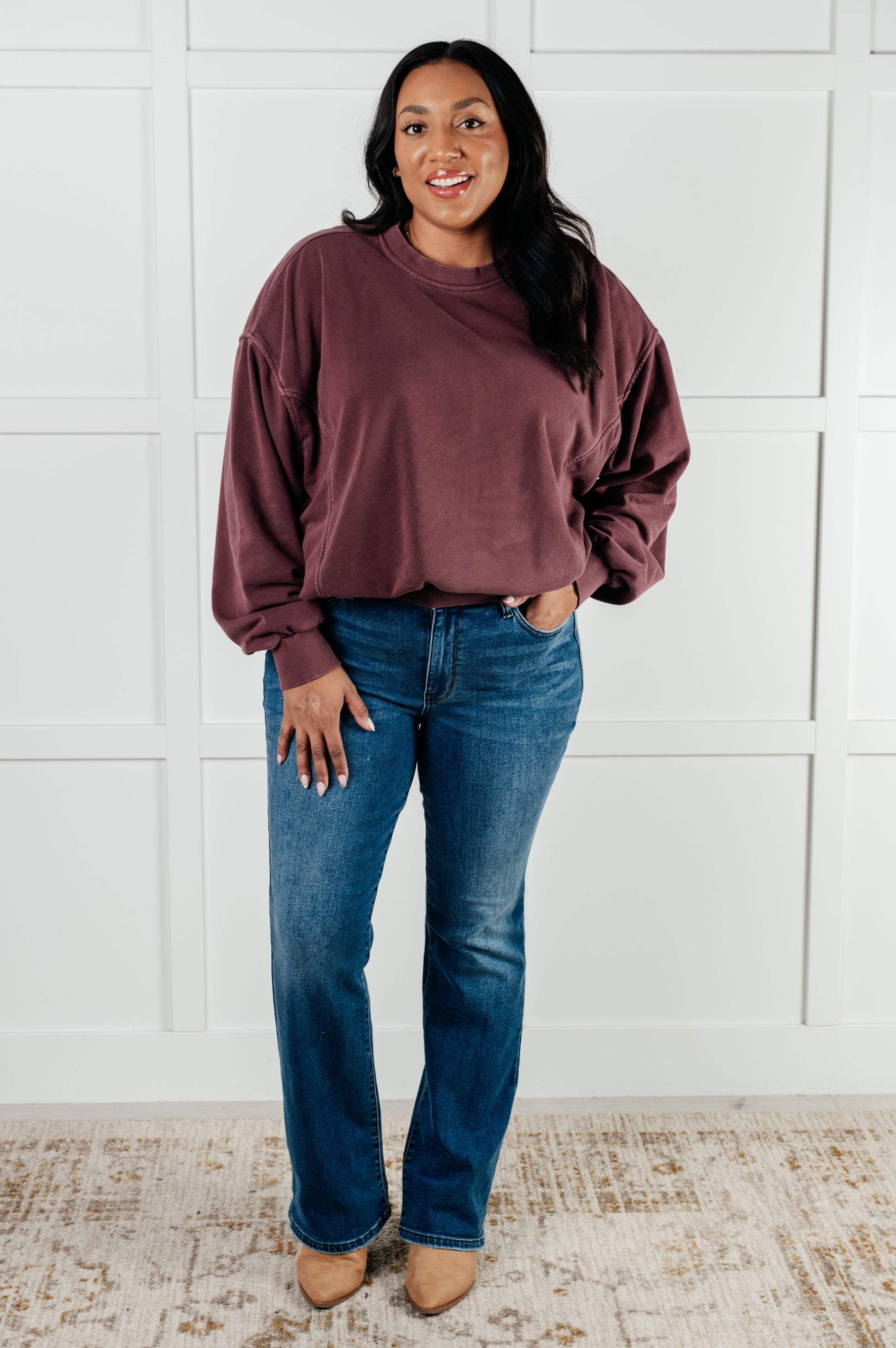 Beyond the Basics Pullover in Eggplant-Tops-Modish Lily, Tecumseh Michigan