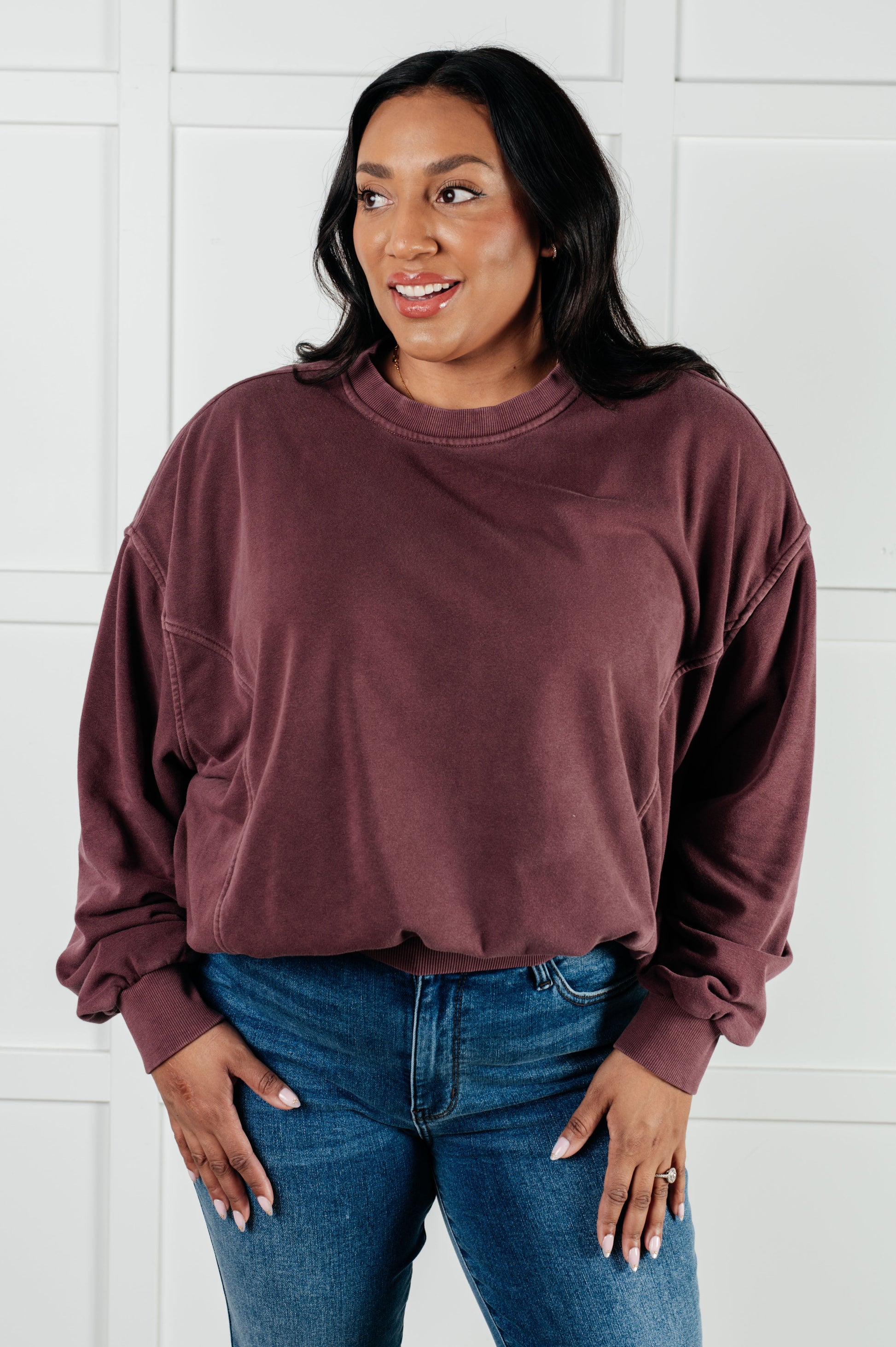 Beyond the Basics Pullover in Eggplant-Tops-Modish Lily, Tecumseh Michigan