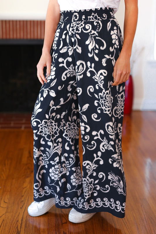 You Got This Navy Paisley Floral Smocked Waist Palazzo Pants-Modish Lily, Tecumseh Michigan