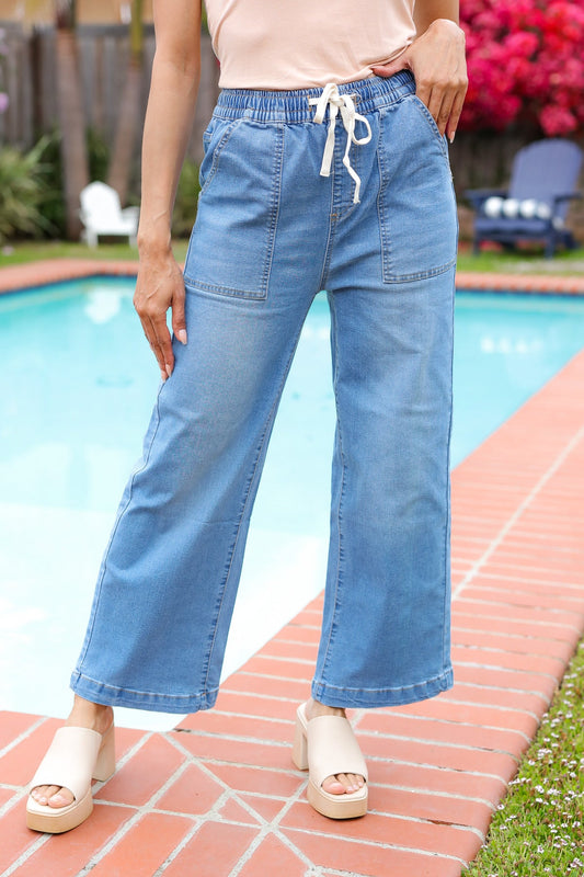 Denim Blue High Rise Drawstring Cropped Jeans-2024 Summer Blow Out Sale-Modish Lily, Tecumseh Michigan