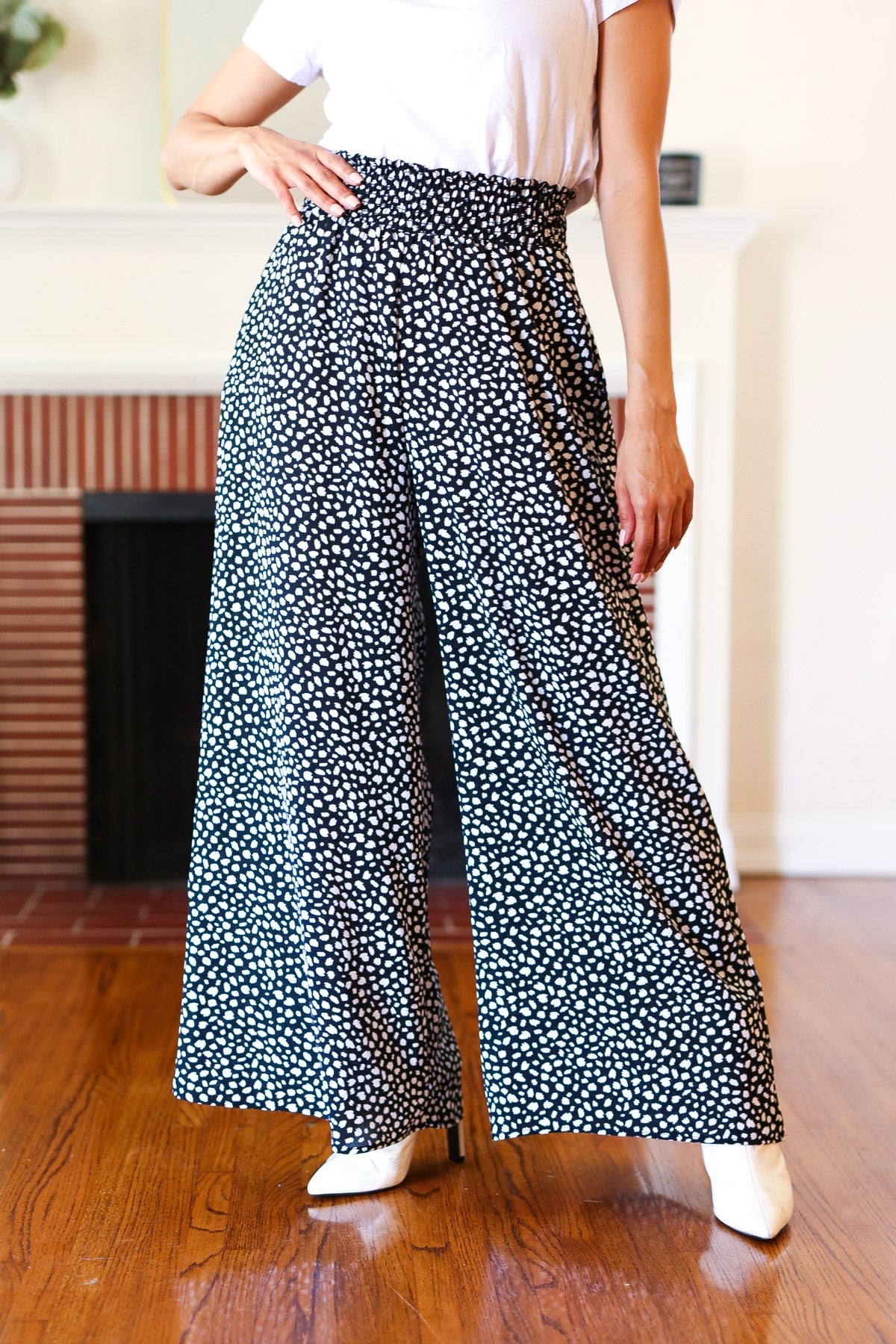 Let's Meet Up Black Animal Print Smocked Waist Palazzo Pants-Modish Lily, Tecumseh Michigan