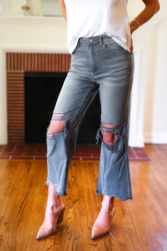 Cut Loose Ash Black High Rise Washed Distressed Cropped Pants-Modish Lily, Tecumseh Michigan