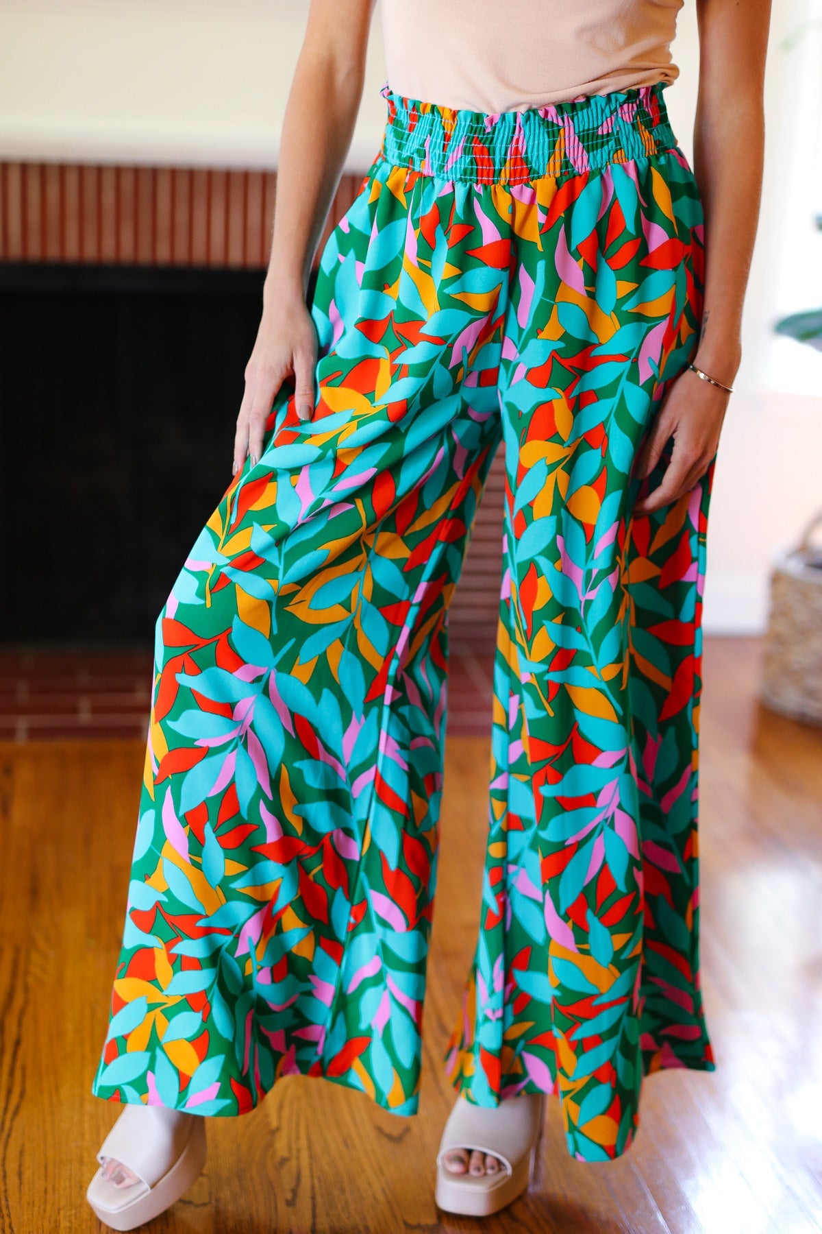 Summer Vibes Green & Orange Abstract Print Smocked Palazzo Pants-2024 Summer Blow Out Sale-Modish Lily, Tecumseh Michigan