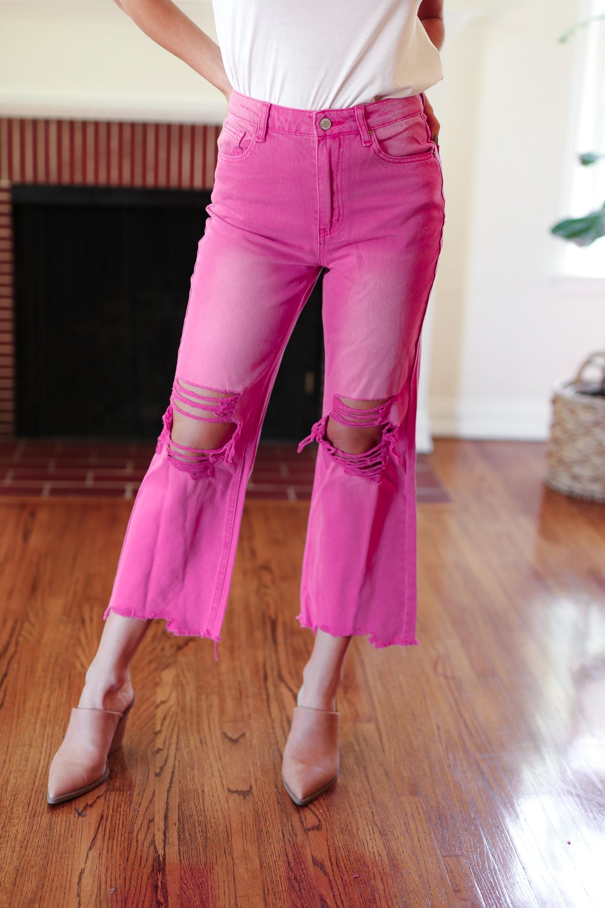 Cut Loose Hot Pink High Rise Washed Distressed Hem & Knee Cropped Pants-Modish Lily, Tecumseh Michigan