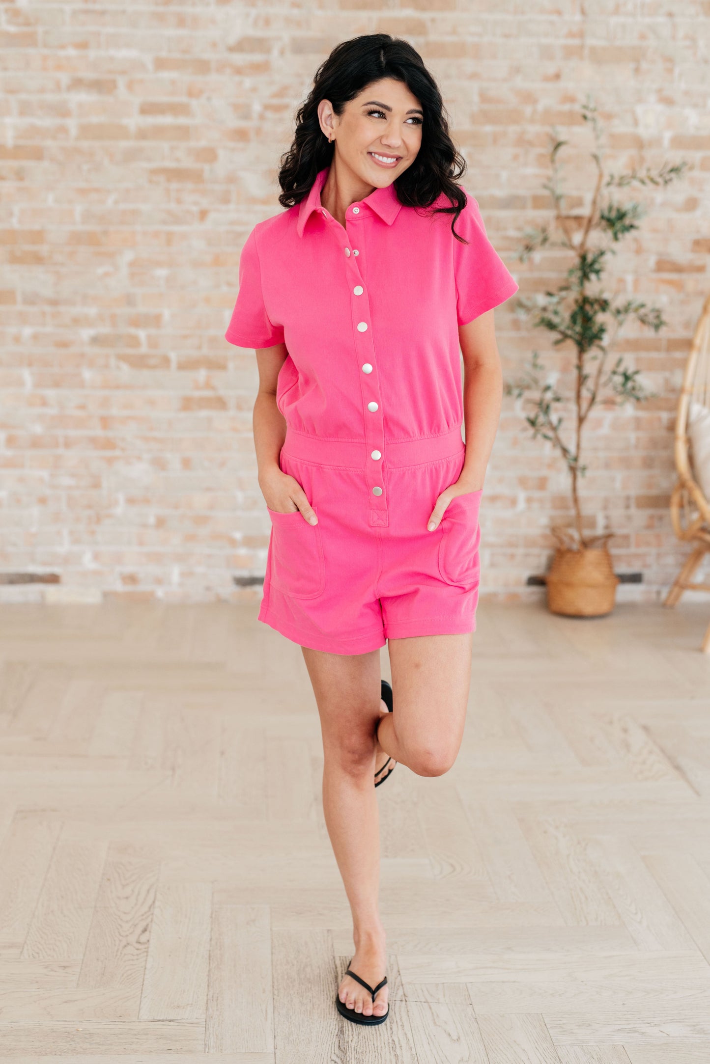 Break Point Collared Romper in Hot Pink-Jumpsuits & Rompers-Modish Lily, Tecumseh Michigan