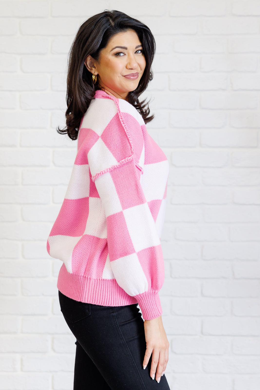 Check Yourself Checkered Sweater in Pink-Tops-Modish Lily, Tecumseh Michigan