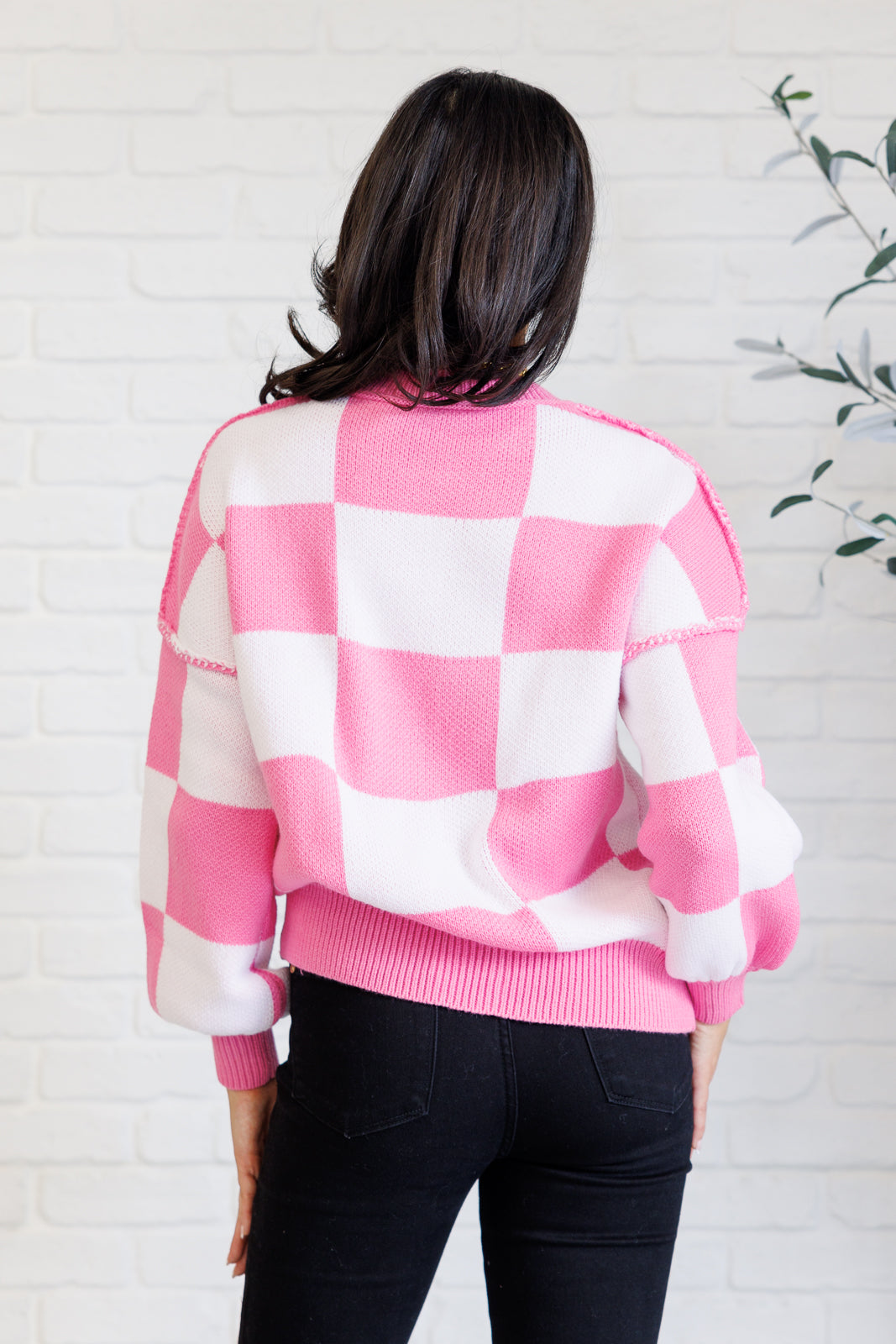 Check Yourself Checkered Sweater in Pink-Tops-Modish Lily, Tecumseh Michigan