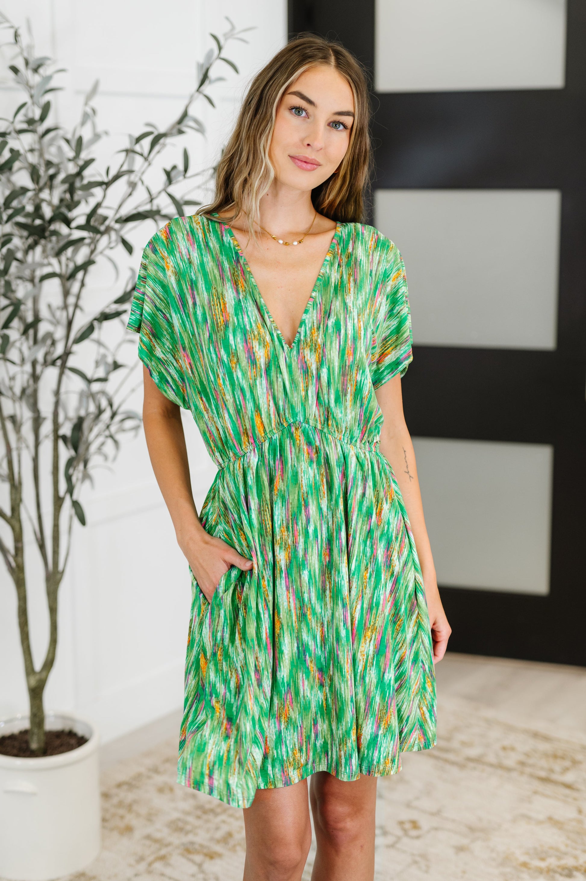 Chic Repeat V-Neck Dress in Multi-Color-Womens-Modish Lily, Tecumseh Michigan