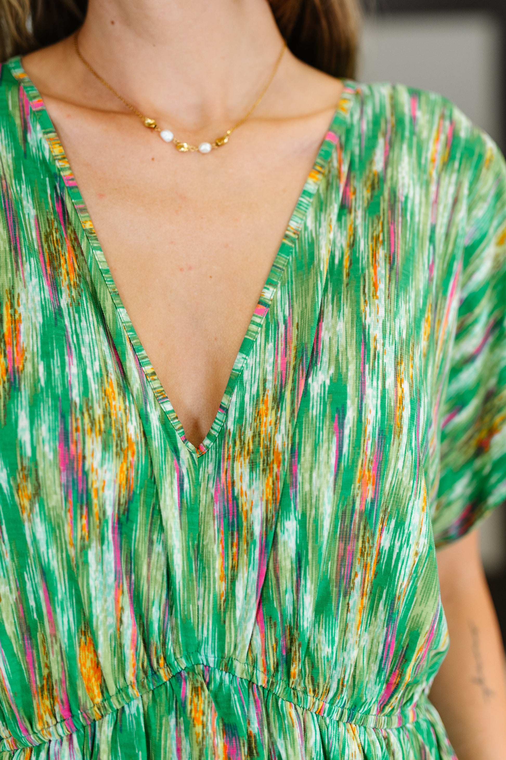 Chic Repeat V-Neck Dress in Multi-Color-Womens-Modish Lily, Tecumseh Michigan