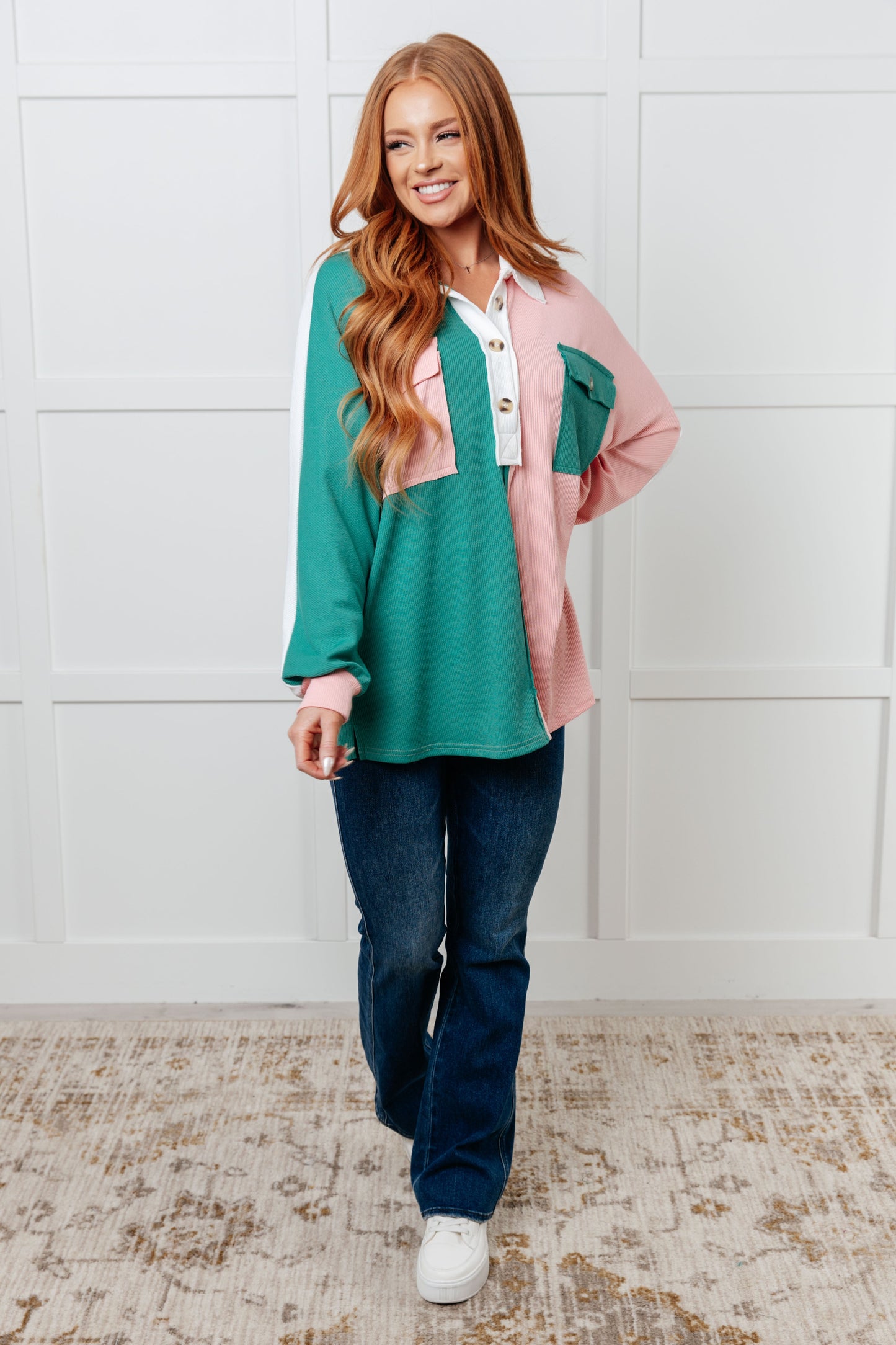 Chip Off the Old Colorblock V-Neck Henley in Green-Tops-Modish Lily, Tecumseh Michigan