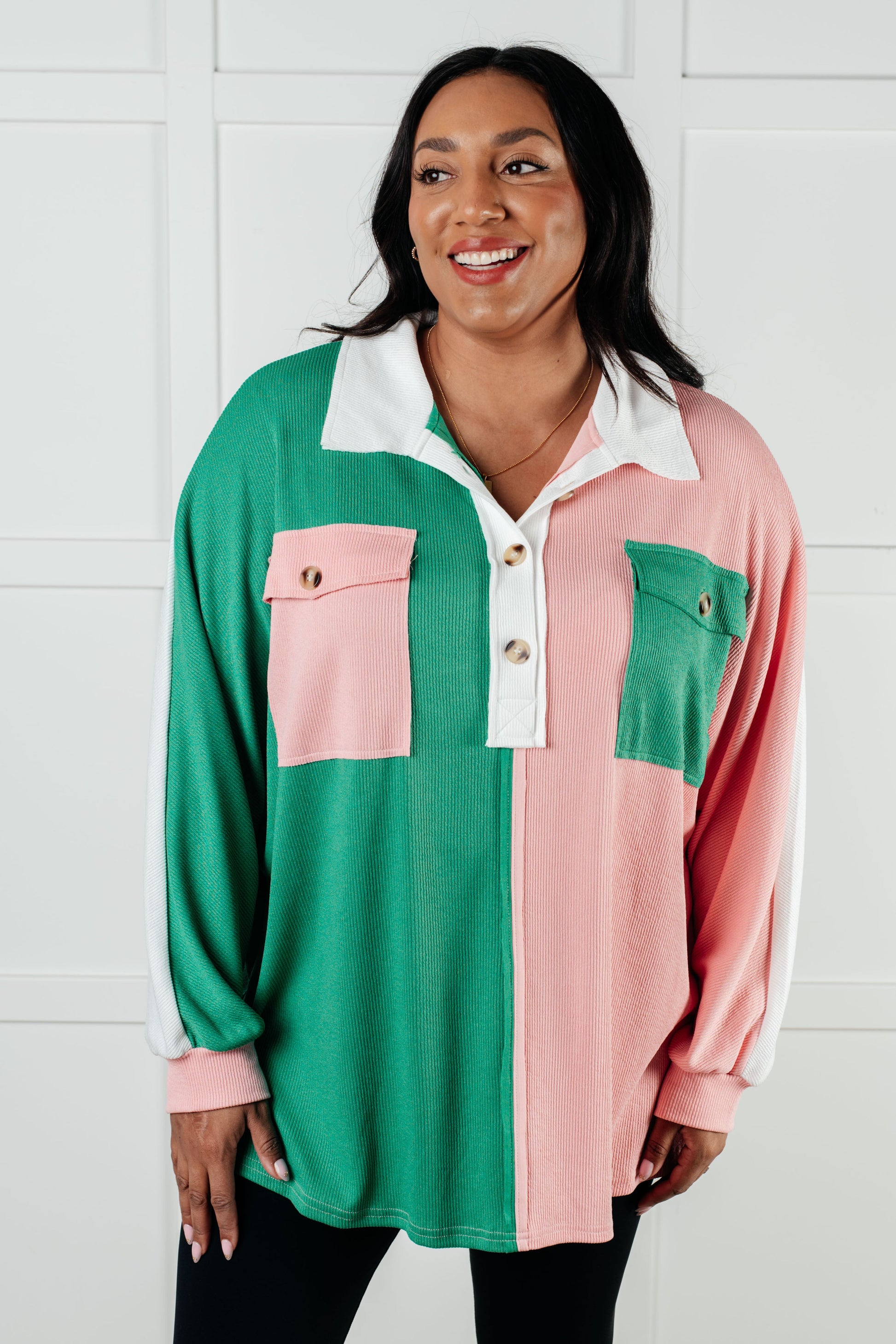 Chip Off the Old Colorblock V-Neck Henley in Green-Tops-Modish Lily, Tecumseh Michigan