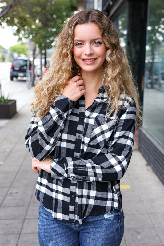 Casual Chic Black Plaid Button Down Long Sleeve Top-Modish Lily, Tecumseh Michigan