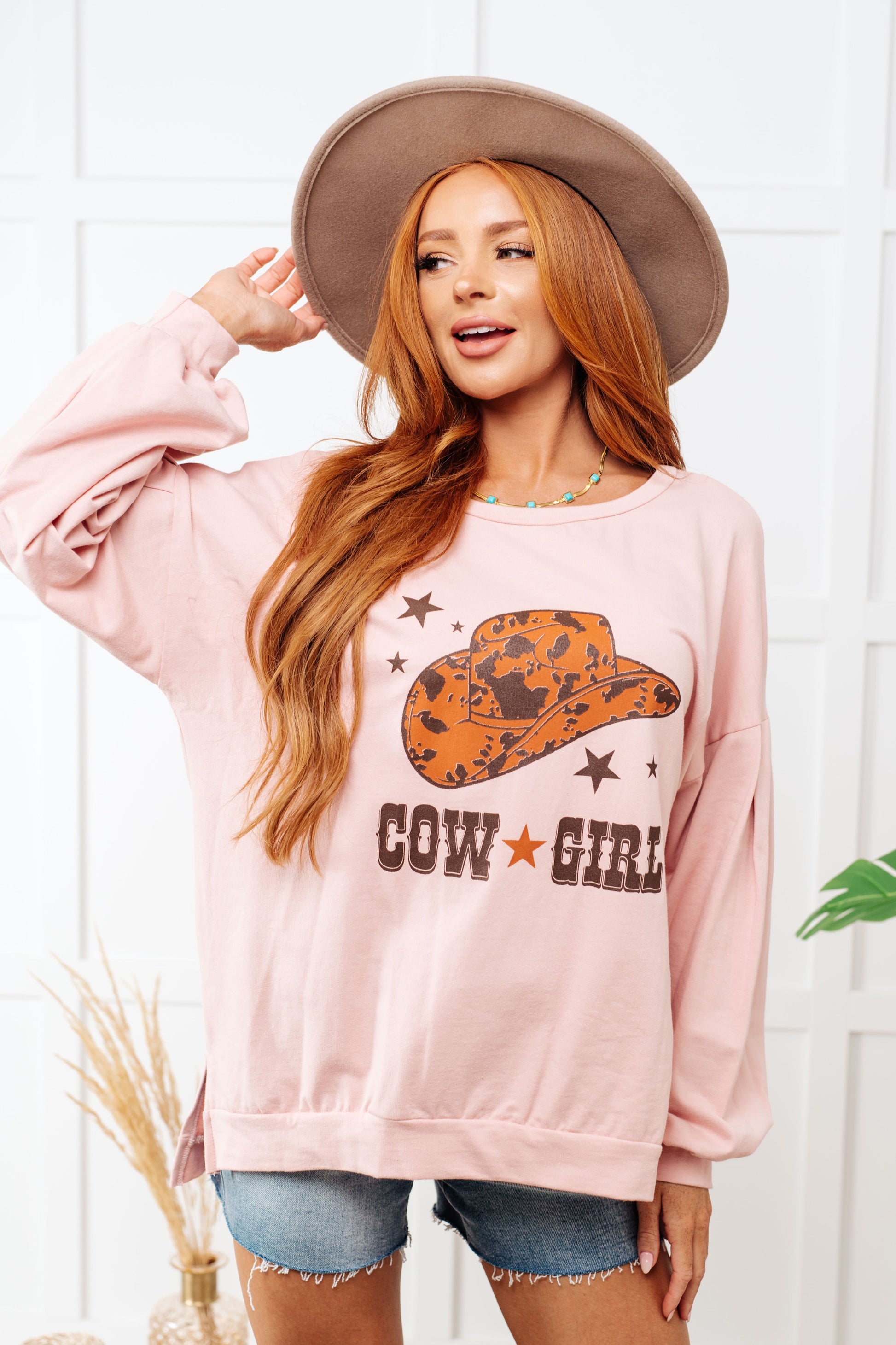 Cow Girl Graphic Pullover in Dusty Pink-Tops-Modish Lily, Tecumseh Michigan