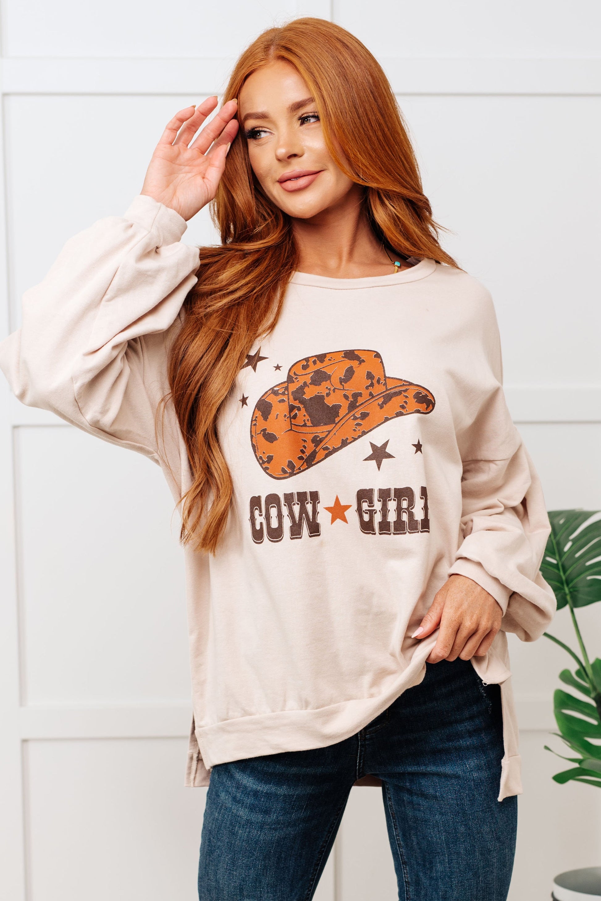 Cow Girl Graphic Pullover in Stone-Tops-Modish Lily, Tecumseh Michigan