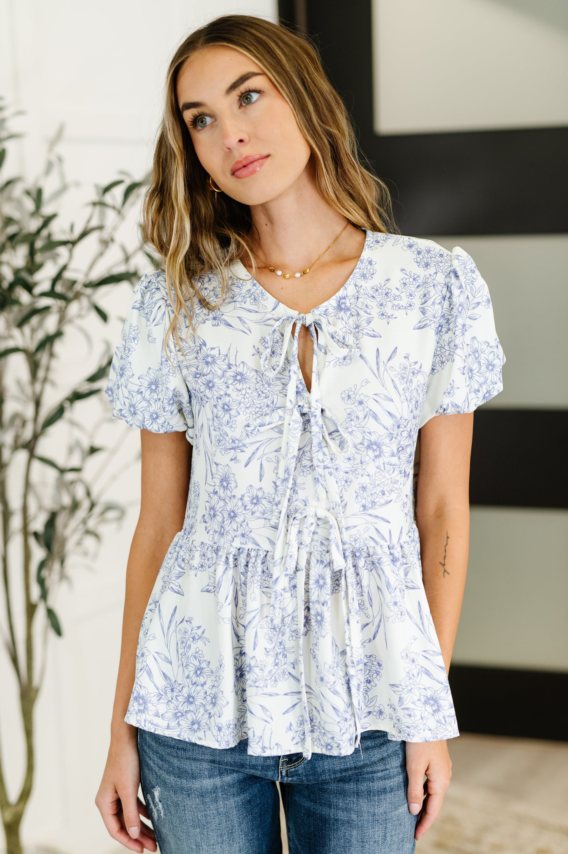 Dainty Lil' Thing Balloon Sleeve Blouse in Ivory/Blue-Womens-Modish Lily, Tecumseh Michigan