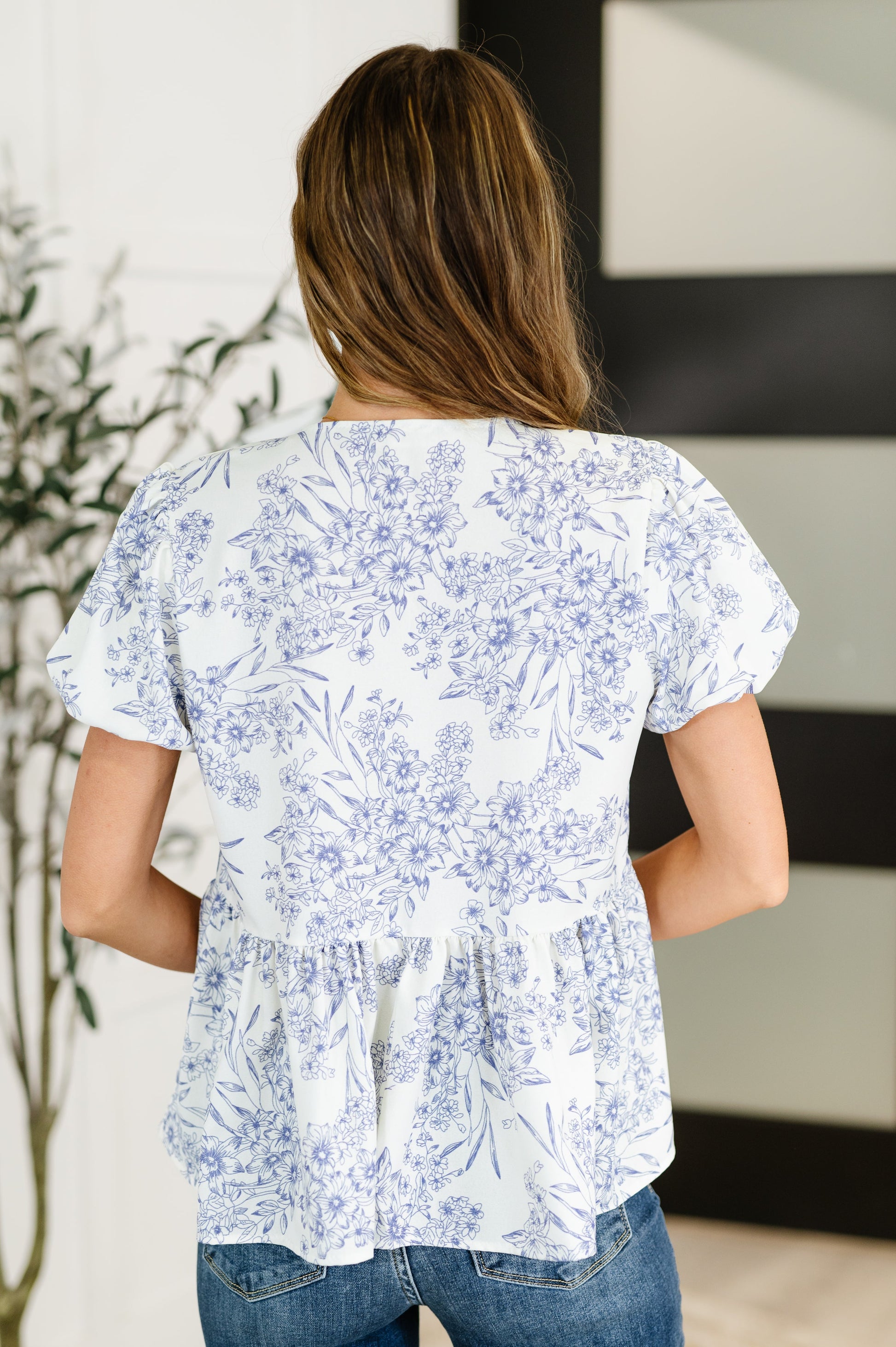 Dainty Lil' Thing Balloon Sleeve Blouse in Ivory/Blue-Womens-Modish Lily, Tecumseh Michigan