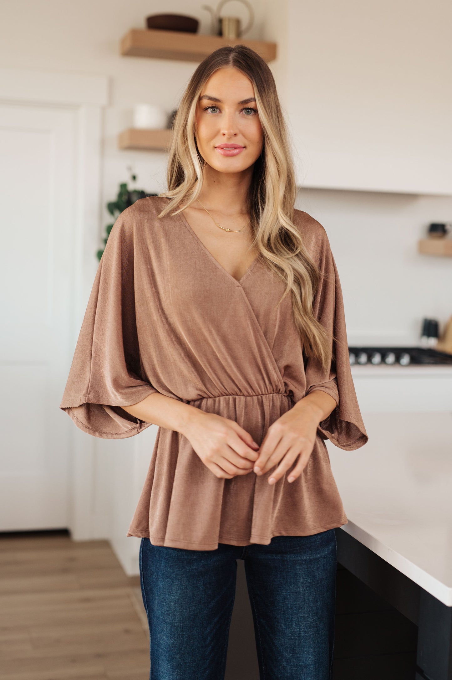 Dazzlingly Draped V-Neck Blouse-Blouses-Modish Lily, Tecumseh Michigan