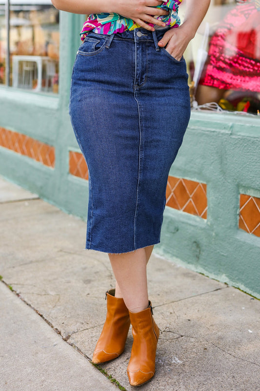 Judy Blue Easy To Love Dark Denim High Rise Back Slit Midi Length Skirt-Modish Lily, Tecumseh Michigan