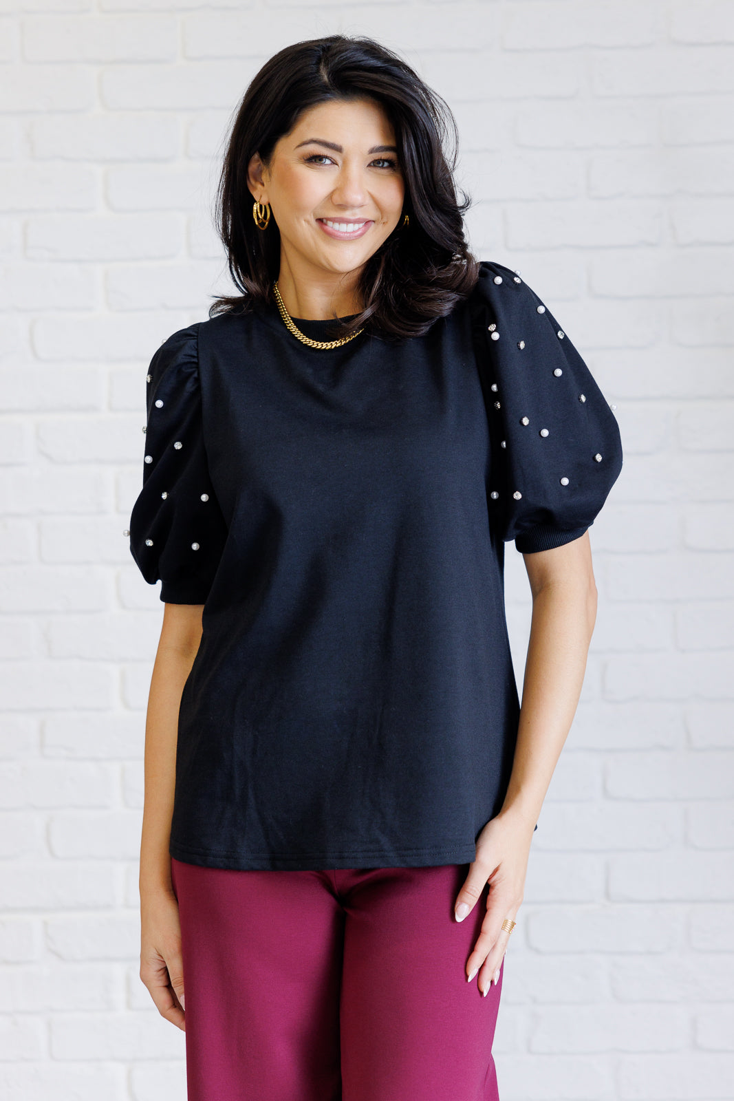 Diamonds and Pearls Puff Sleeve Top in Black-Tops-Modish Lily, Tecumseh Michigan