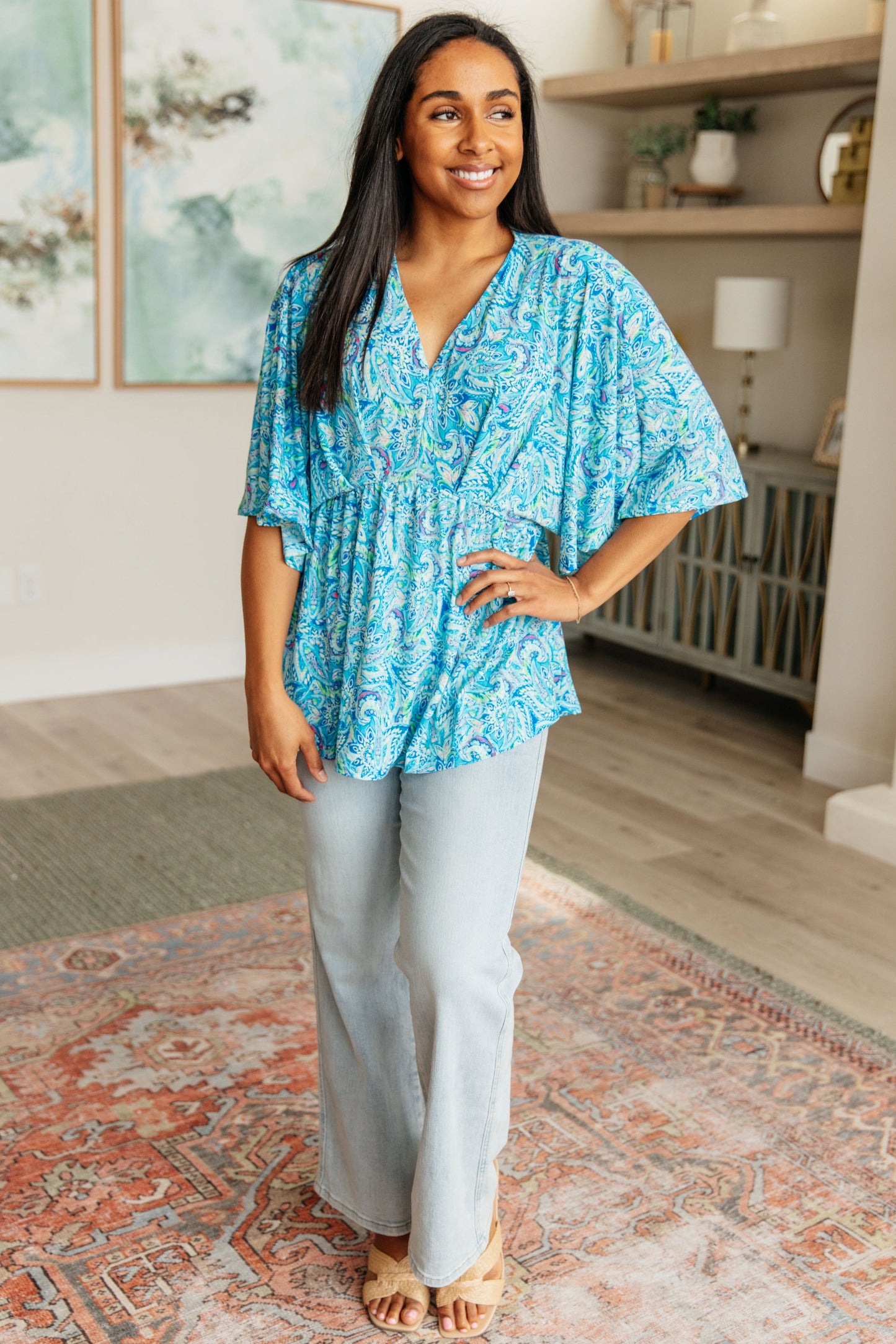 Dreamer Peplum Top in Blue and Teal Paisley-Tops-Modish Lily, Tecumseh Michigan